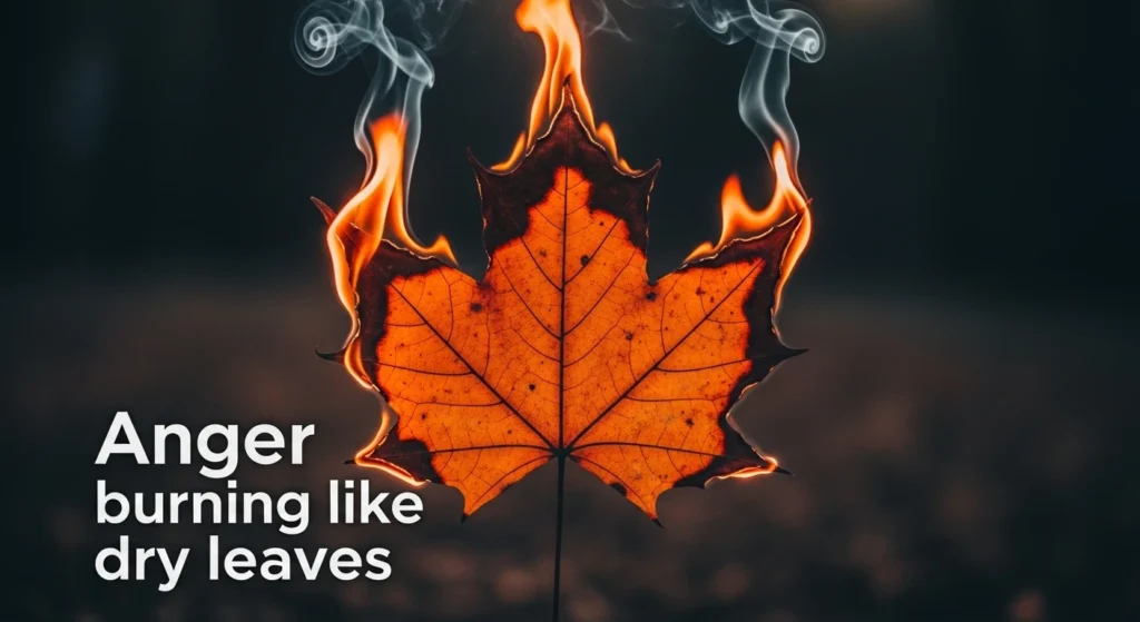 Anger burning like dry leaves